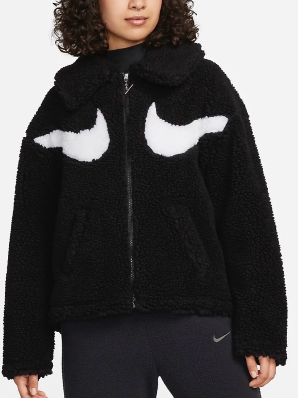 Nike Black Sherpa Jacket with White Swoosh - XS